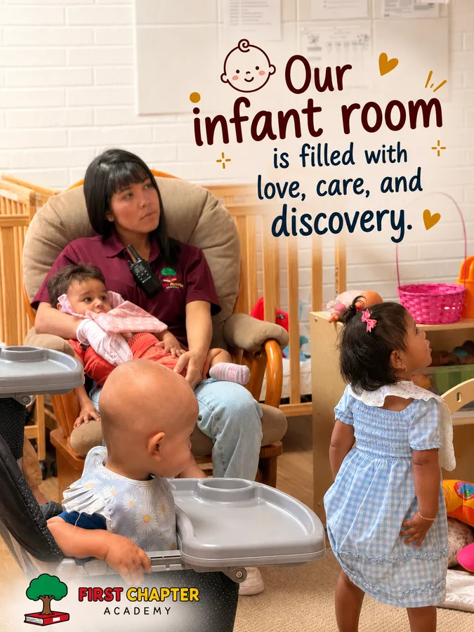 Caring teacher with infants in the First Chapter Academy infant room